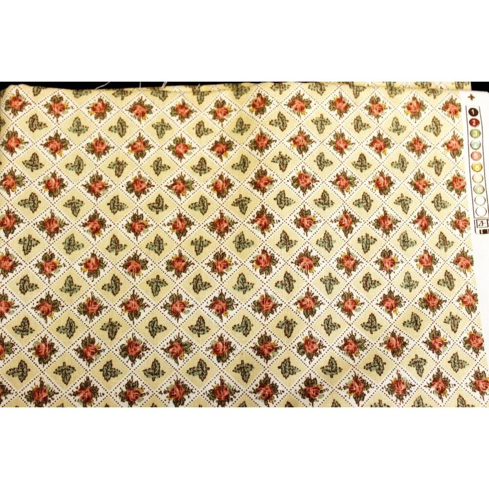 Village Screen Print Fabric Little Treasure Yellow Rose Floral Checked 1 yard